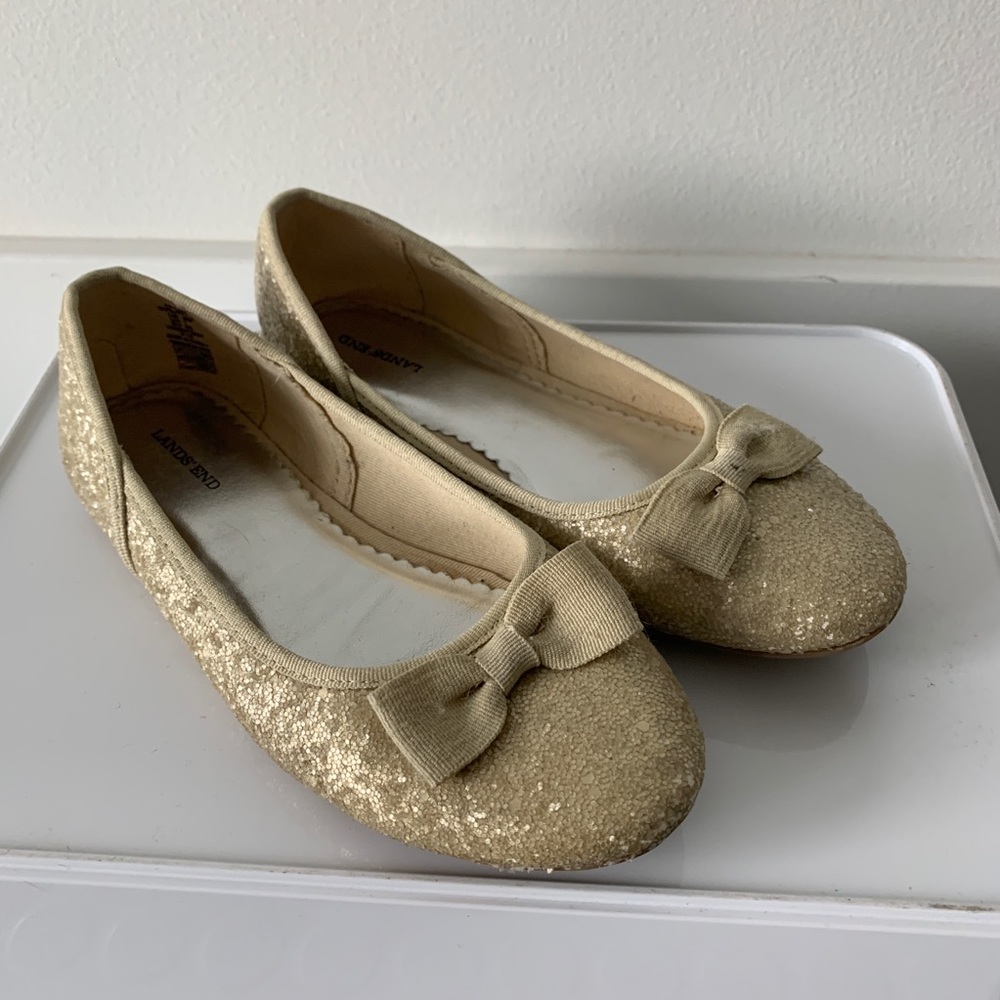 Glitter Gold Bow Shoes Lands End Girls Sz 2
